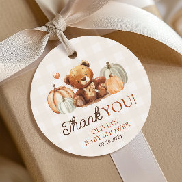 Little Pumpkin Gingham Teddy Bear Fall Baby Shower Geschenkanhänger