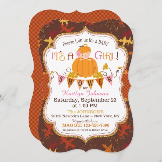 Little Pumpkin Girl Herbstlaubs Kinderdusche Einladung (Vorne/Hinten)