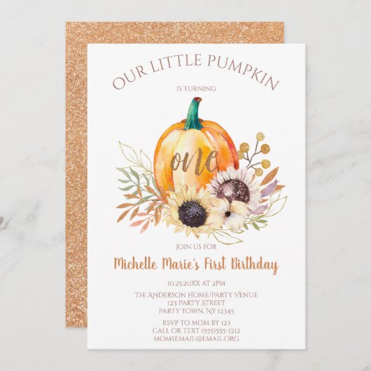 Little Pumpkin Girl zum ersten Geburtstag Einladung (Vorne/Hinten)