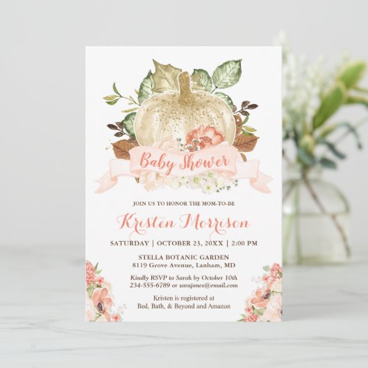 Little Pumpkin Gold Glitzer Fall Baby Shower Einladung (Stehend Vorderseite)