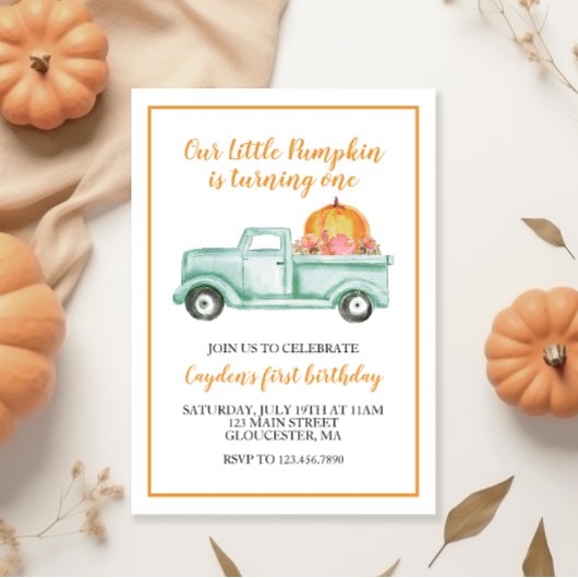 Little Pumpkin Green LKW und Karierter 1. Geburtst Einladung