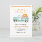 Little Pumpkin Green LKW und Karierter 1. Geburtst Einladung (Stehend Vorderseite)
