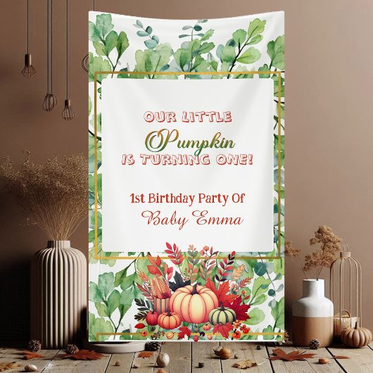 Little Pumpkin Green Wreath Fall Leaves Watercolor Banner