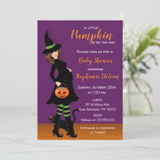 Little Pumpkin Halloween Kinderdusche Einladung (Stehend Vorderseite)