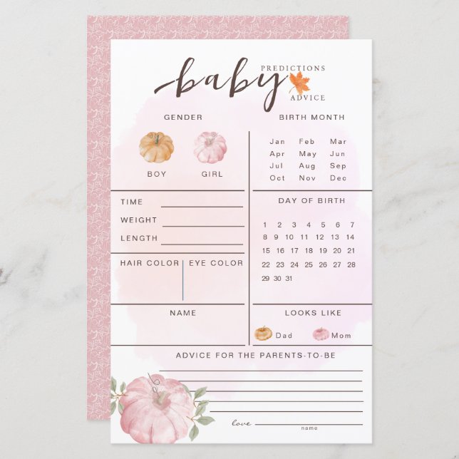 Little Pumpkin Herbst Baby Predictions Game (Vorne/Hinten)