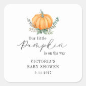 Little Pumpkin ist auf dem Weg Baby Shower Quadratischer Aufkleber (Vorderseite)