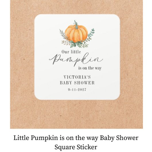 Little Pumpkin ist auf dem Weg Baby Shower Quadratischer Aufkleber