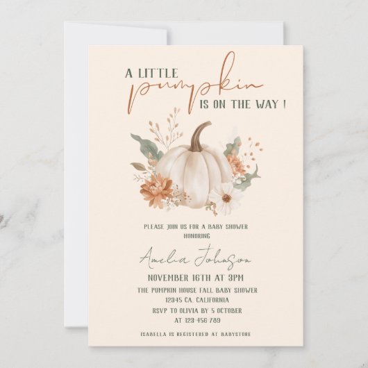 Little Pumpkin ist auf dem Weg Herbst Baby Shower Einladung (Vorderseite)