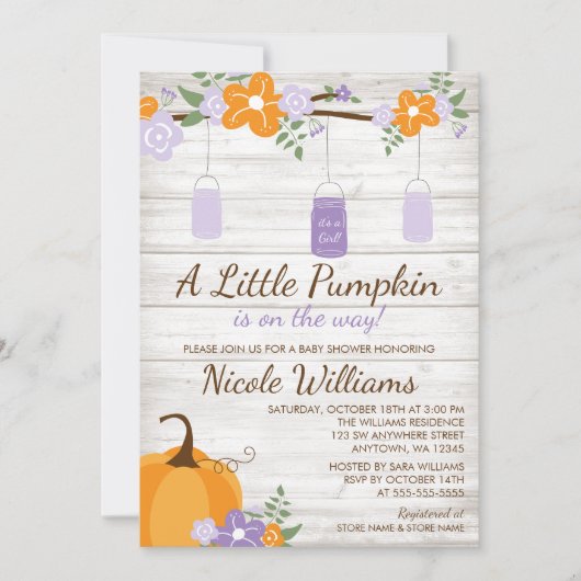 Little Pumpkin Mason Jar Lavender Girl Baby Shower Einladung (Vorderseite)
