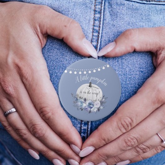 Little Pumpkin on Way Baby Shower Dusty Blue Button