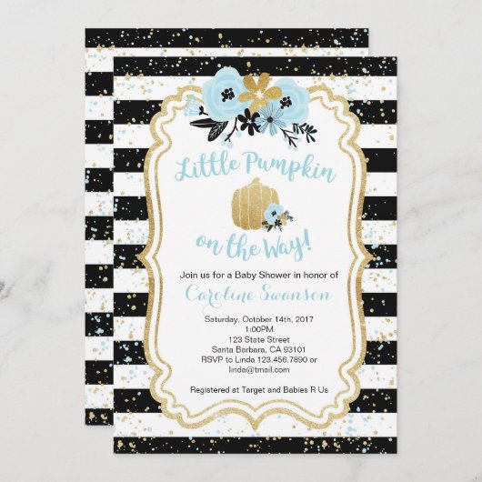 Little Pumpkin on Way- Blue and Gold- Boy Einladung (Vorne/Hinten)