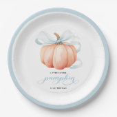 Little Pumpkin on Way Blue Bow Baby Shower Pappteller (Vorderseite)
