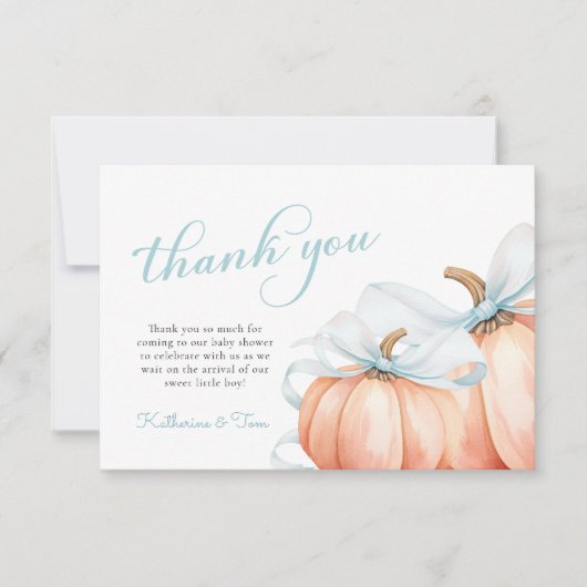 Little Pumpkin on Way Blue Bow Boy Baby Shower Dankeskarte (Vorderseite)