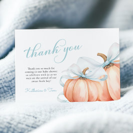 Little Pumpkin on Way Blue Bow Boy Baby Shower Dankeskarte