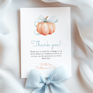 Little Pumpkin on Way Blue Bow Boy Baby Shower Dankeskarte