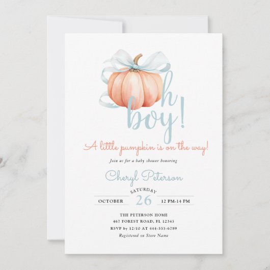 Little Pumpkin on Way Blue Bow Boy Baby Shower Einladung (Vorderseite)