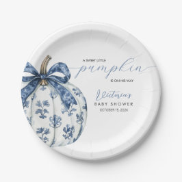 Little Pumpkin on Way Boy Baby Shower Blue Bow Pappteller