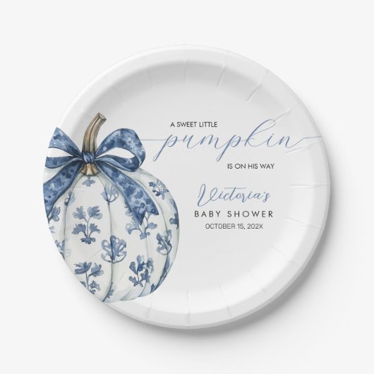 Little Pumpkin on Way Boy Baby Shower Blue Bow Pappteller (Vorderseite)