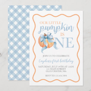 Little Pumpkin Pastel Blue Bow fällt 1. Geburtstag Einladung