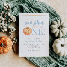 Little Pumpkin Pastel Blue Fall First Birthday Inv