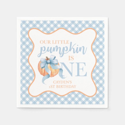 Little Pumpkin Pastellblauer Bogen kariert 1. Gebu Serviette (Vorderseite)