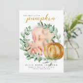Little Pumpkin Photo Fall Greenery Baby Shower Dankeskarte (Stehend Vorderseite)