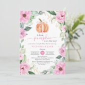 Little Pumpkin Pink Blume Leaf Fall Baby Dusche Einladung (Stehend Vorderseite)