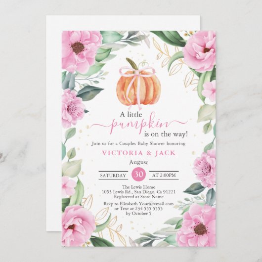 Little Pumpkin Pink Blume Leaf Fall Baby Dusche Einladung (Vorne/Hinten)