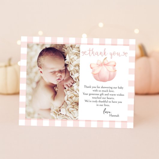 Little Pumpkin Pink Bow Foto Babydusche Dankeskarte