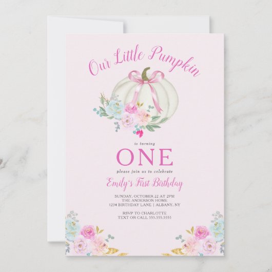 Little Pumpkin Pink Bow Girls zum ersten Geburtsta Einladung (Vorderseite)
