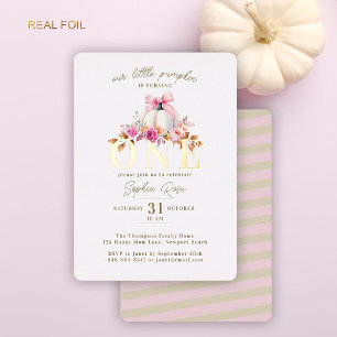 Little Pumpkin Pink Bow Rose 1. Geburtstag Gold Folieneinladung