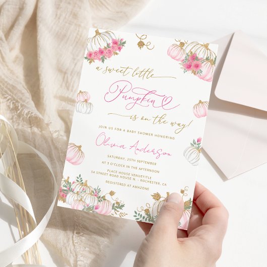 Little Pumpkin Pink Floral Girl Babydusche Einladung