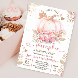 Little Pumpkin Pink Floral Girl Fall 1. Geburtstag Einladung