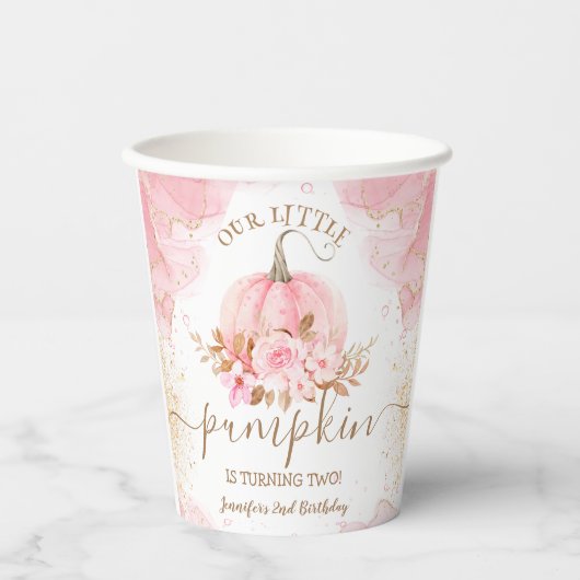 Little Pumpkin Pink Floral Girl Herbst 2. Geburtst Pappbecher (Vorderseite)
