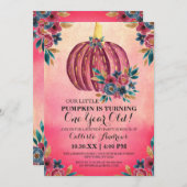 Little Pumpkin Pink Floral Wasserfarbe 1. Geburtst Einladung (Vorne/Hinten)