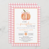 Little Pumpkin Pink Gingham Fall Baby Dusche Einladung (Vorne/Hinten)
