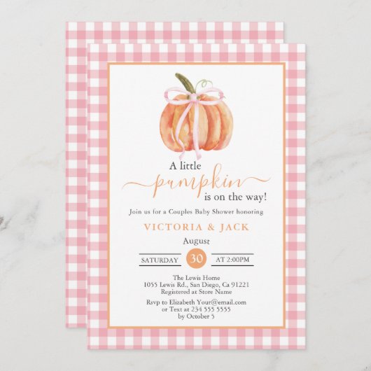 Little Pumpkin Pink Gingham Fall Baby Dusche Einladung (Vorne/Hinten)