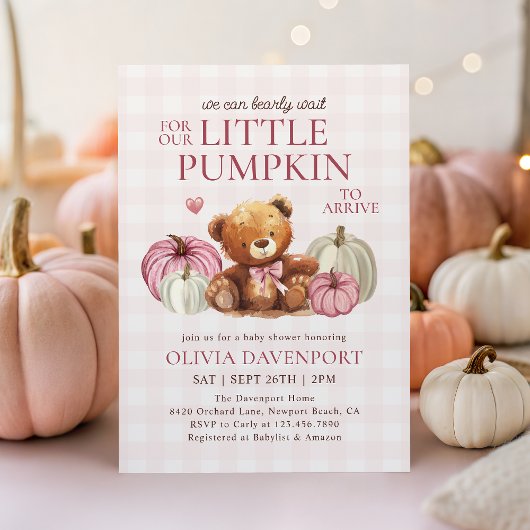 Little Pumpkin Pink Gingham Fall Girl Babydusche Einladung