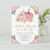 Little Pumpkin Pink Gold Floral Baby Dusche Einladung (Stehend Vorderseite)