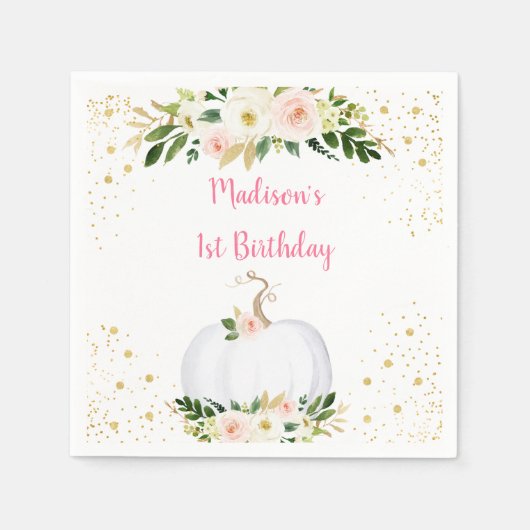 Little Pumpkin Pink Gold Geburtstag Serviette (Vorderseite)