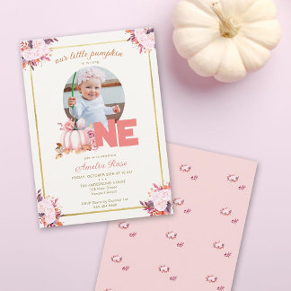 Little Pumpkin Pink Gold Herbstlaube 1. Geburtstag Einladung