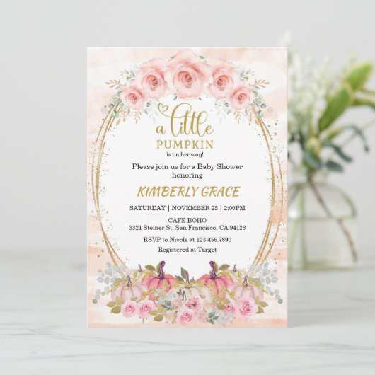 Little Pumpkin Pink Pumpkin Blume Kinderdusche Einladung (Stehend Vorderseite)