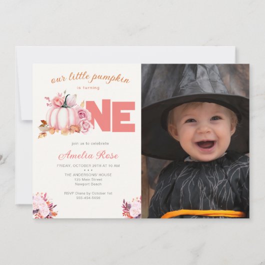 Little Pumpkin Pink Roses Herbstlaubs 1. Geburtsta Einladung (Vorderseite)