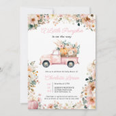 Little Pumpkin Pink Truck Fall Floral Baby Dusche Einladung (Vorderseite)