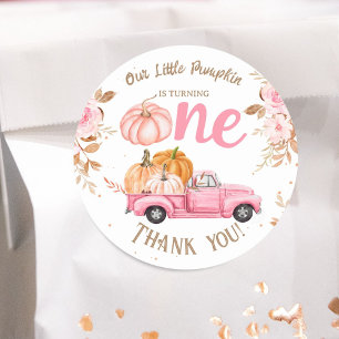 Little Pumpkin Pink Truck Girl Fall 1. Geburtstag Runder Aufkleber