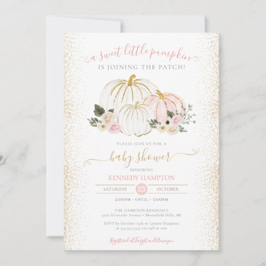 Little Pumpkin Pink White Gold Girl Baby Dusche Einladung (Vorderseite)