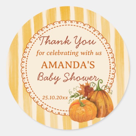 Little pumpkin retro stripes baby shower favor runder aufkleber (Vorderseite)