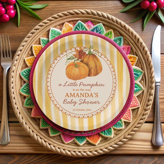 Little pumpkin retro stripes baby shower monogram pappteller