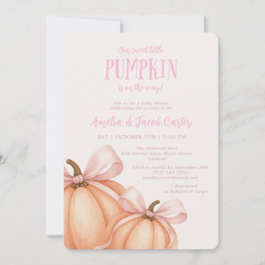 Little Pumpkin, rosa Bug, Coquette Babydusche Einladung (Vorderseite)