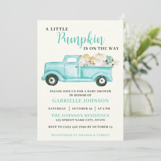 Little Pumpkin Rustic Fall Baby Dusche Einladung (Stehend Vorderseite)